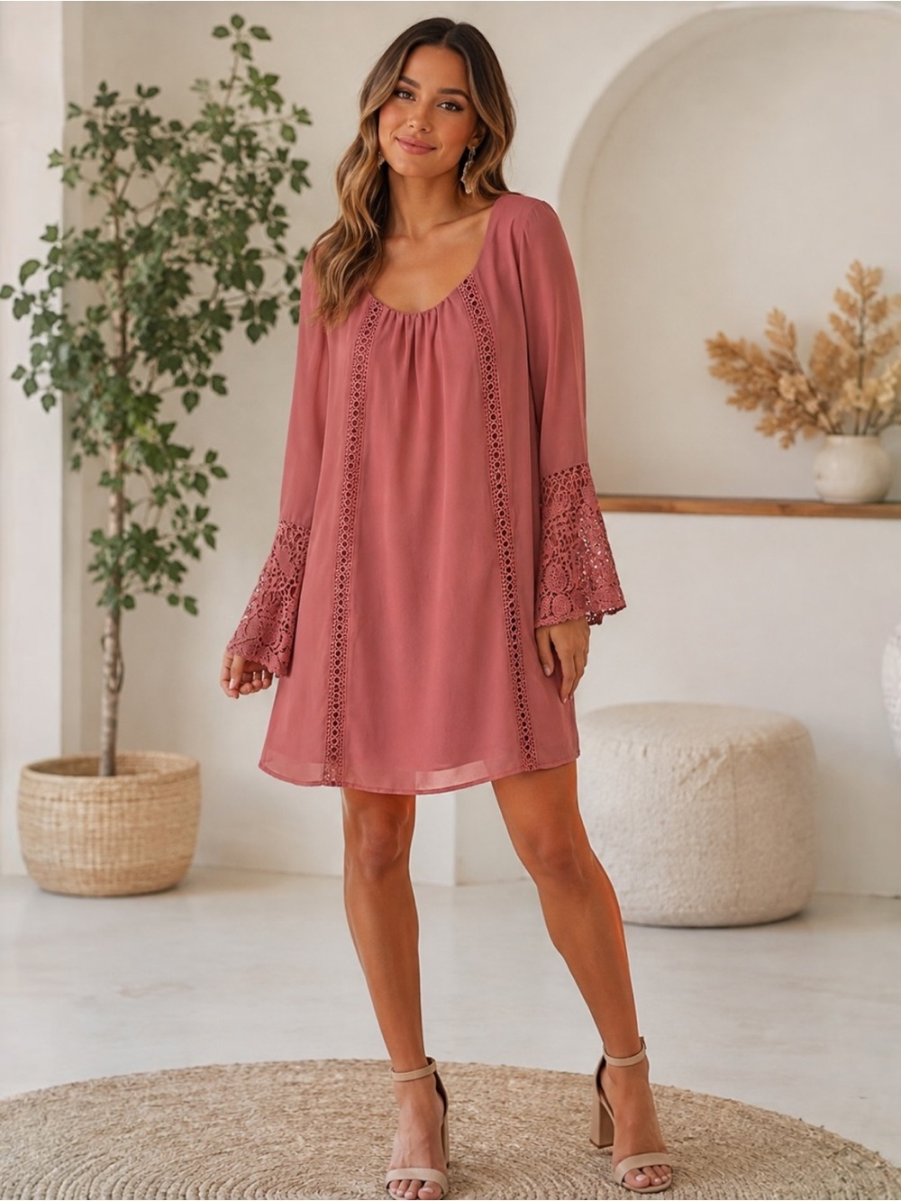 Sequin Hearts Dress XL Dusty Rose Crochet Lace Bell Sleeve Lined Boho Mini